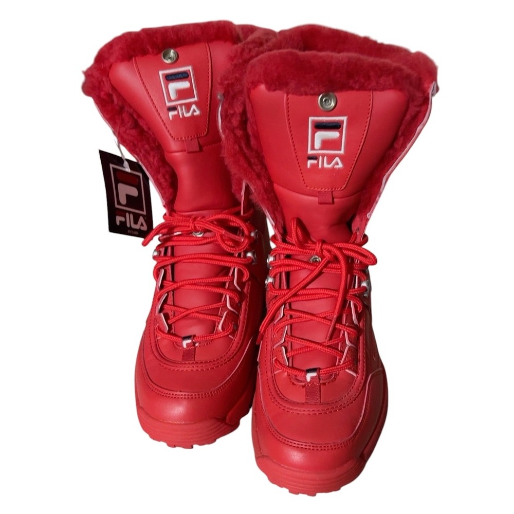 FILA Disruptor Shearling Boots Women 9.5 Red Faux Fur Fold Down 5HM00560-616
